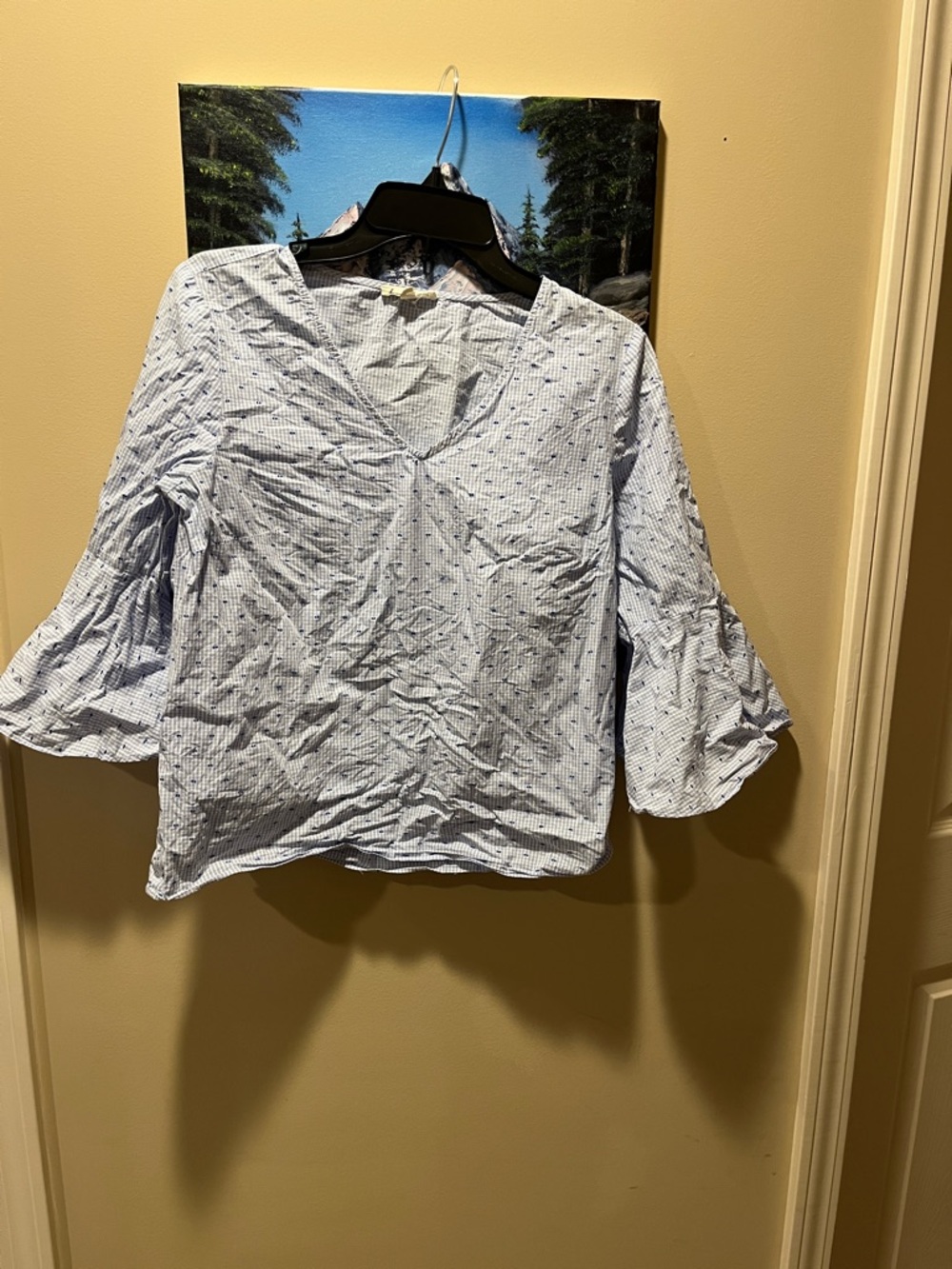 Jane and Delancey Light Blue Striped V-Neck Bell Sleeve Blouse